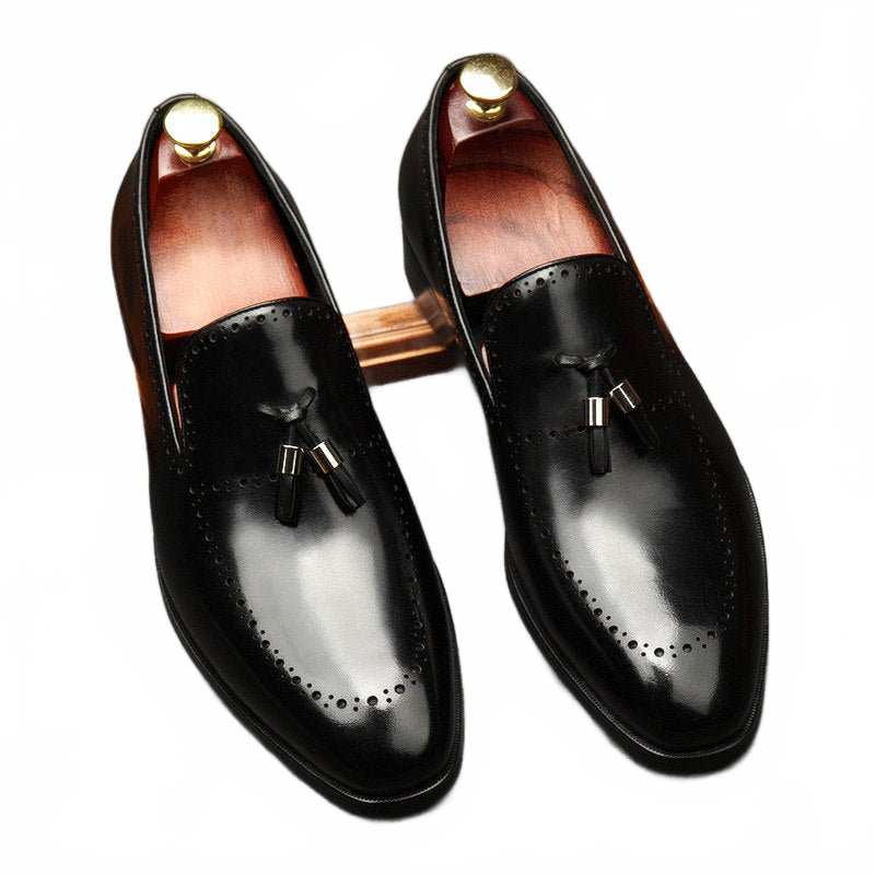 Black Men's Tassel Real Leather Slip-on Dress Shoes for Smart Casual & Business
