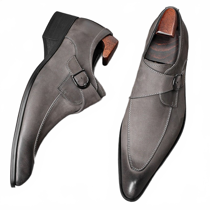 Sophisticated Solid Grey Plain Toe Genuine Leather Monk Strap Shoes for Men