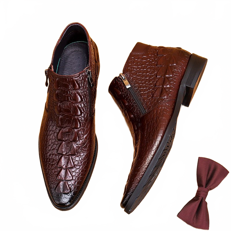 Sophisticated Burgundy Crocodile Pattern Genuine Leather Ankle Dress Boots with Double Zippers