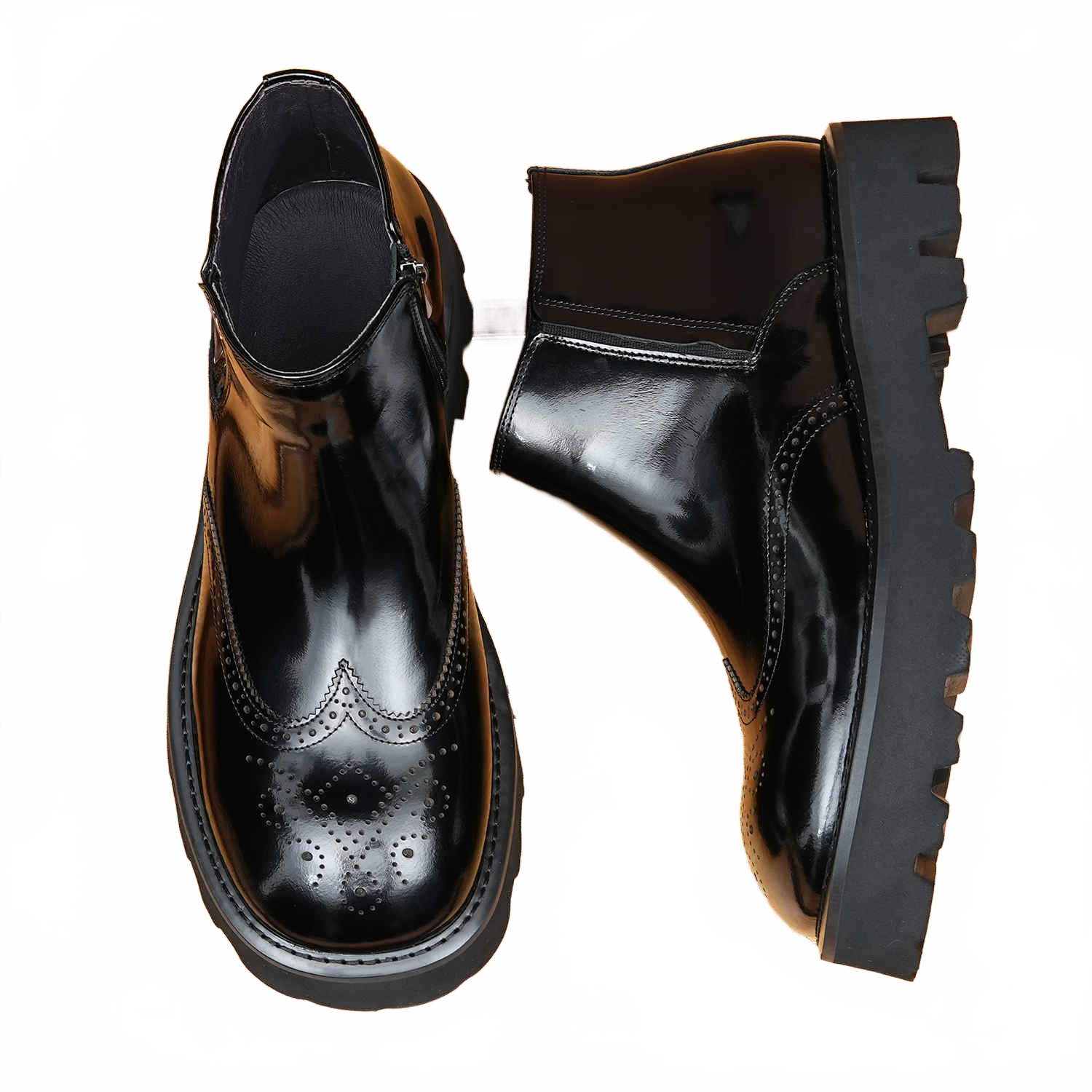 Black Men's Thick-Sole Brogue Side-Zip Genuine Leather Ankle Dress Boots