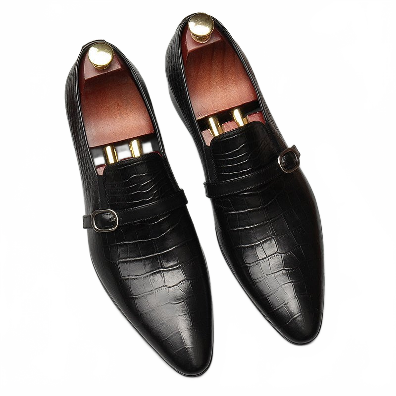 Black Men's Crocodile Pattern Genuine Leather Formal Loafers - Smart Casual Style