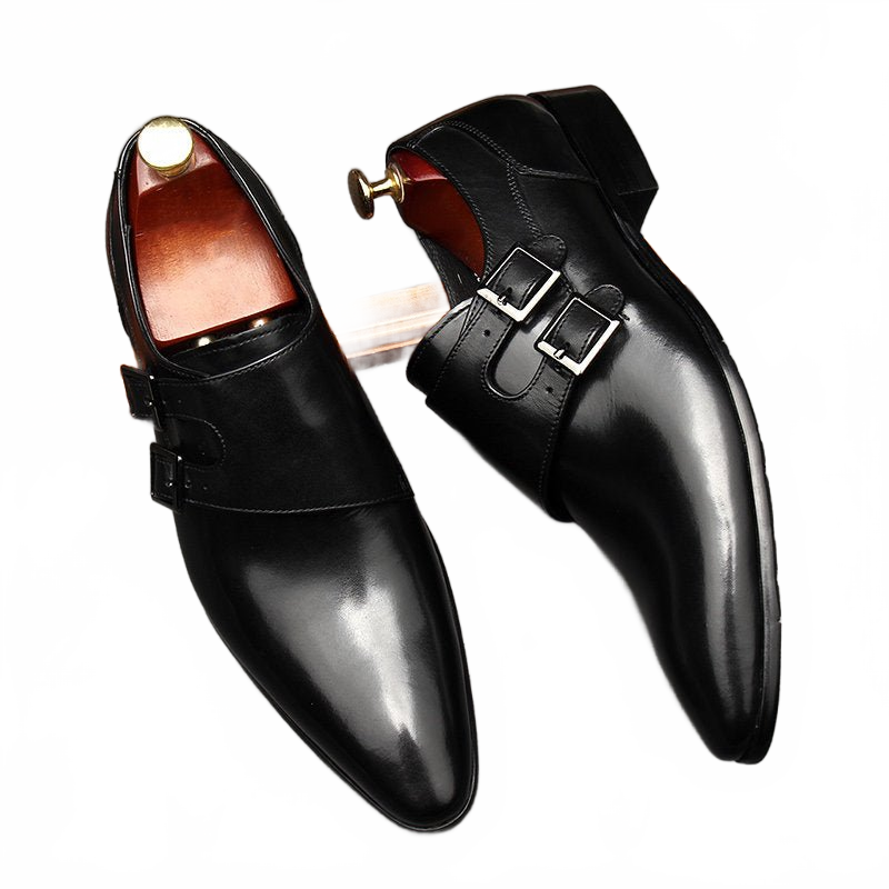 Black Men's Real Leather Double Monk Strap Shoes for Business and Weddings