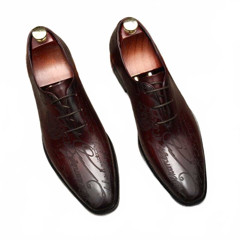 Burgundy Monogram Etched Leather Oxford Wedding Shoes for Groom
