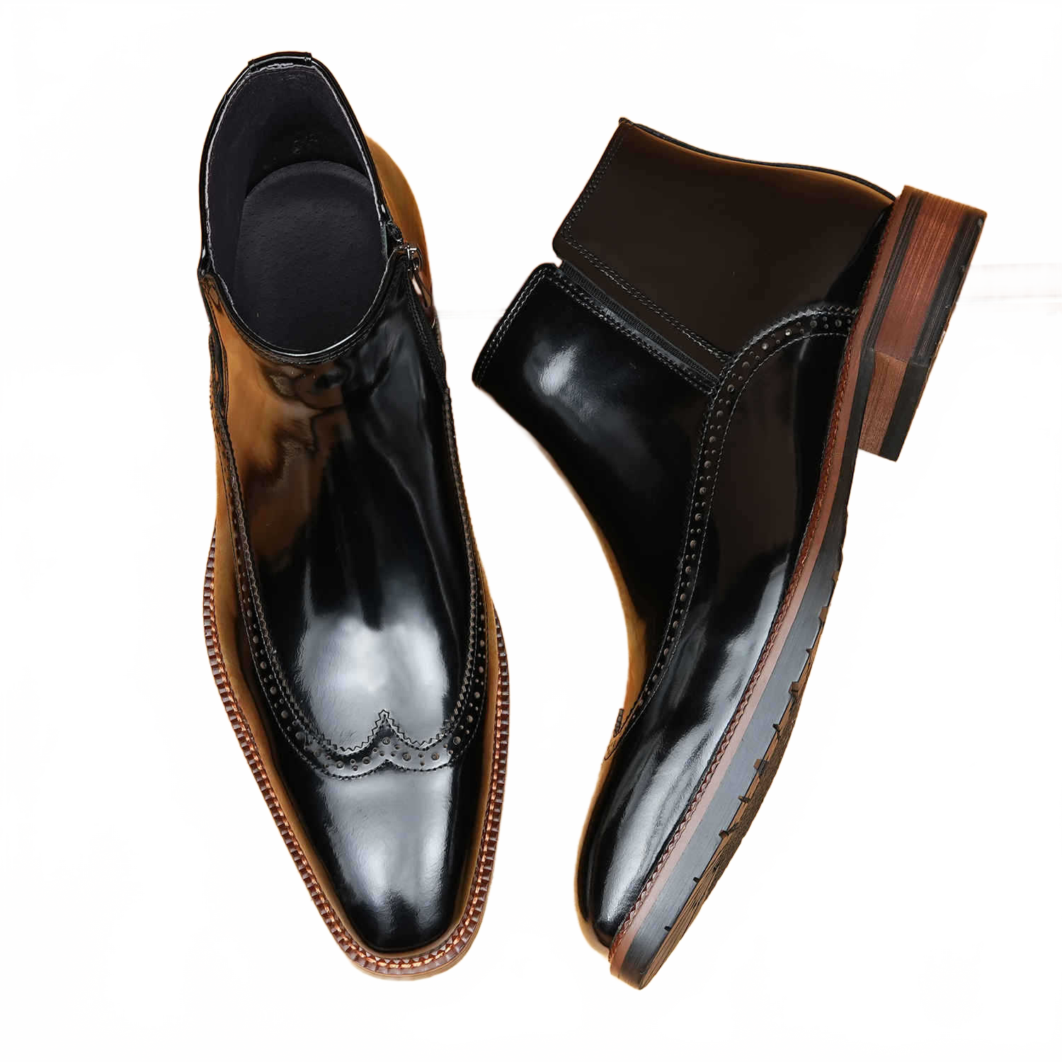 Men's Midnight Black Brogue Genuine Leather Ankle Boots with Side Zipper