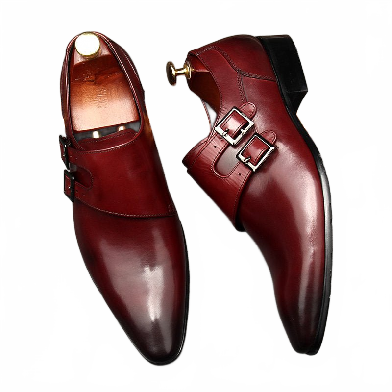 Sophisticated Burgundy Double Monk Strap Genuine Leather Dress Shoes for Men