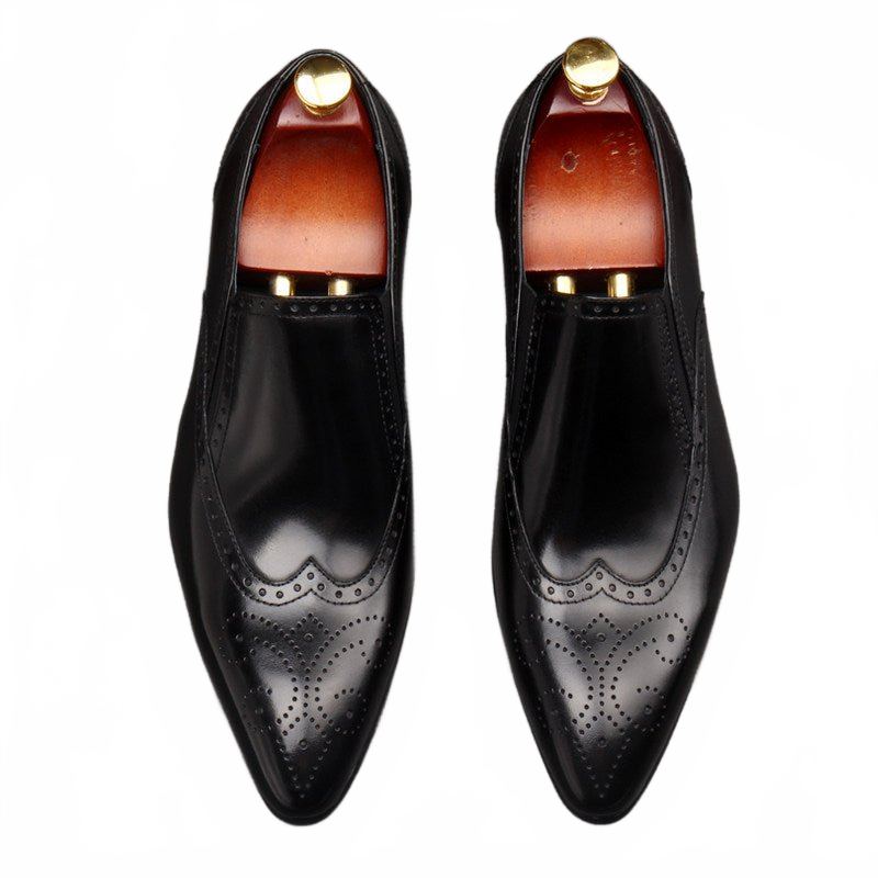Black Men's Brogue Real Leather Slip-on Dress Shoes for Business Professionals