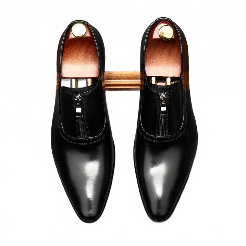 Black Men's Zipper Real Leather Slip-on Dress Shoes for Business Professionals