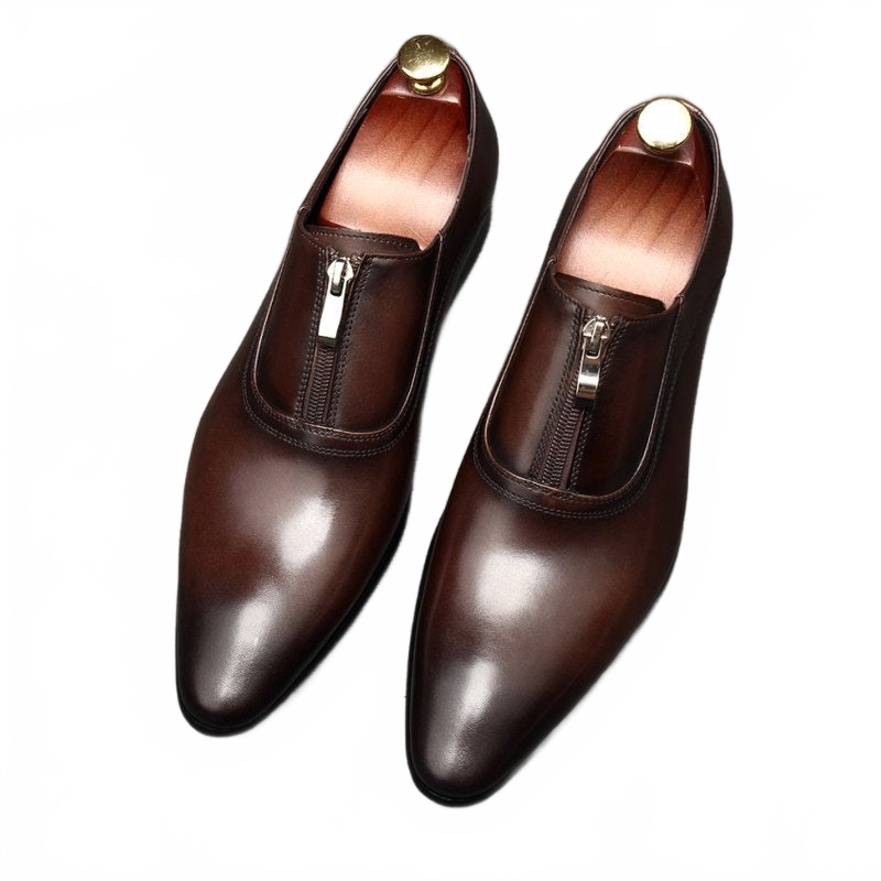 Dark Brown Pointed Toe Zipper Loafers for Executive Business Professionals