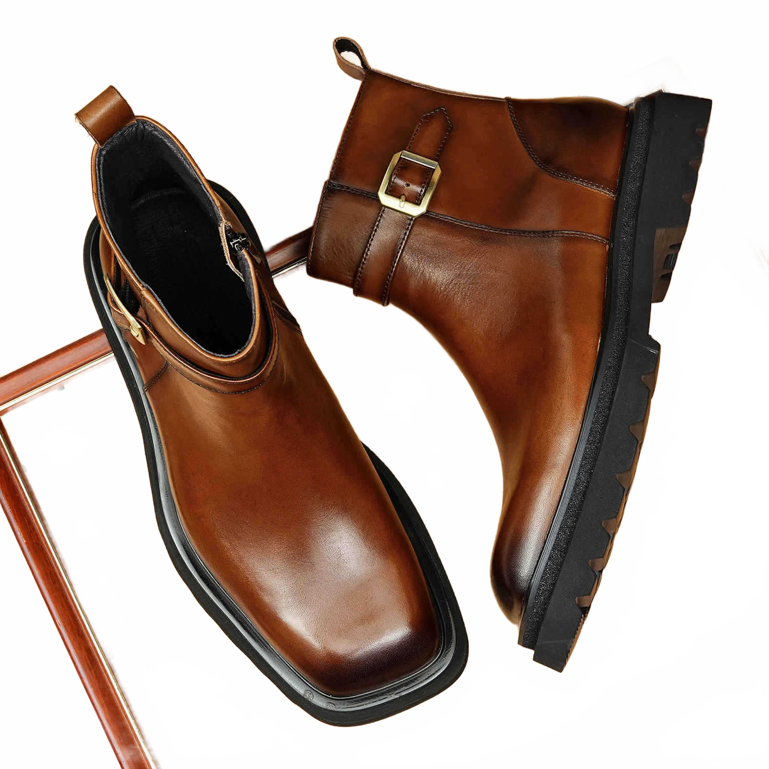 Deep Espresso Brown Square Toe Boots showing Buckle Detail and Thick Foam Sole