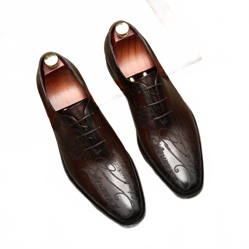 Dark Brown Letter Pattern Leather Oxford Shoes for Business Meetings