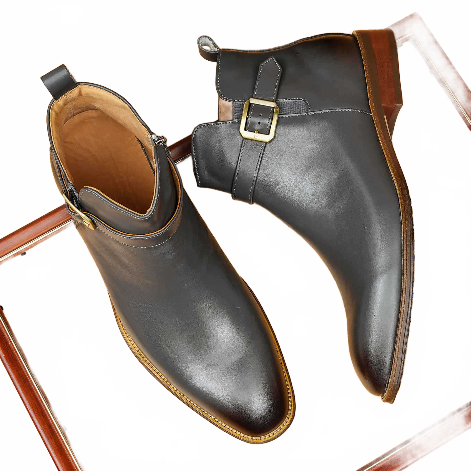 Sophisticated Charcoal Grey Leather Ankle Boots showing Buckle Detail and Rubber Sole