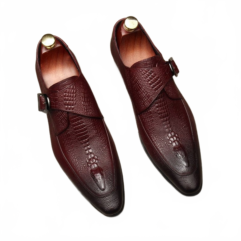 Sophisticated Burgundy Crocodile Pattern Genuine Leather Monk Strap Dress Shoes