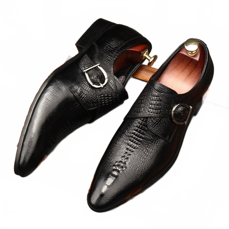 Black Men's Crocodile Pattern Real Leather Single Monk Strap Shoes for Business