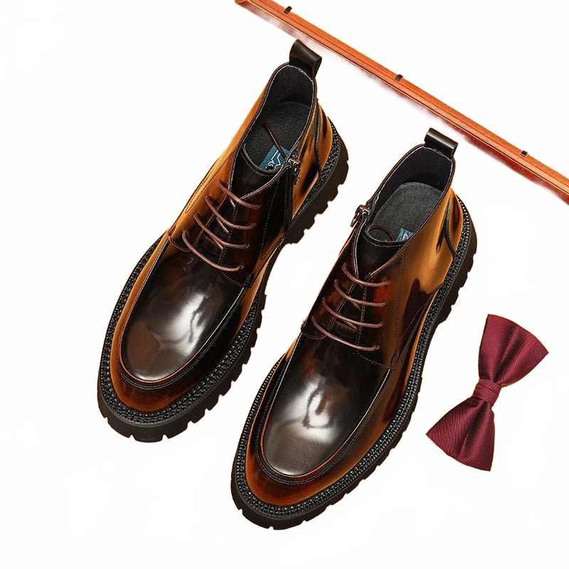 Deep Espresso Brown Leather Side-Zip Naked Boots showing Thick Sole Elevation