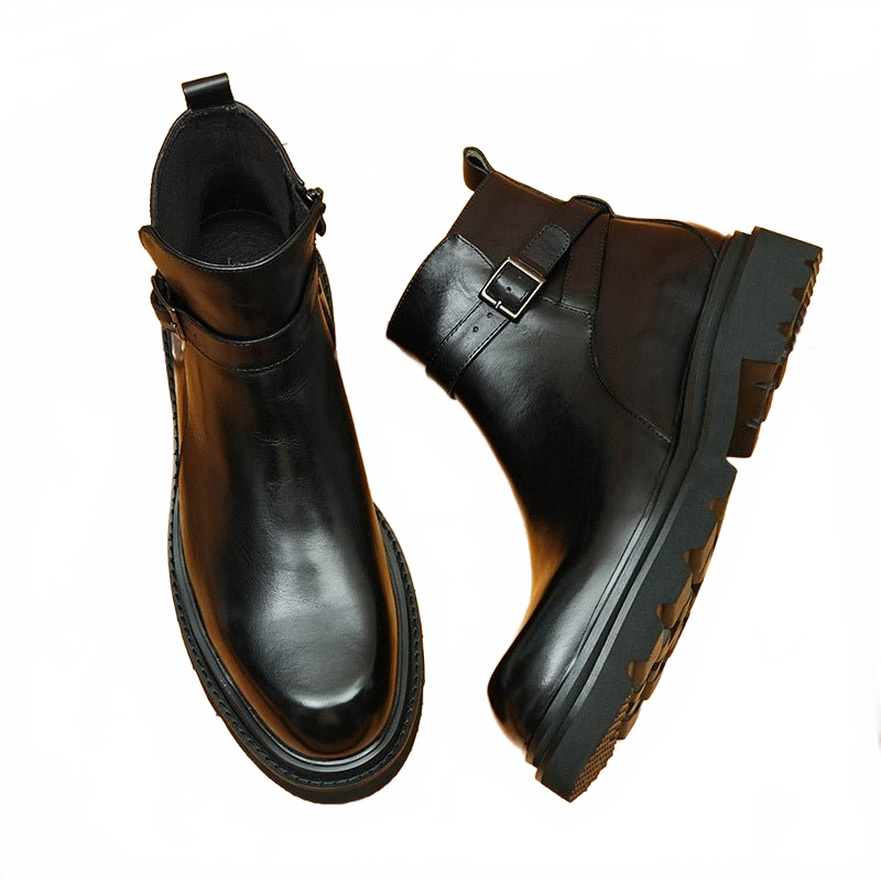 Black Men's Side-Zip Genuine Leather Dress Boots with Decorative Buckle