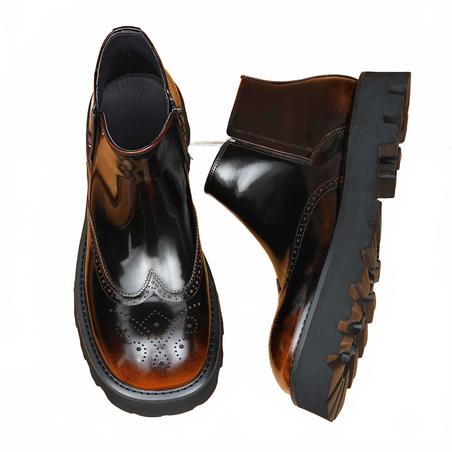 Deep Espresso Brown Leather Brogue Boots showing Thick Sole Elevation and Side Zipper