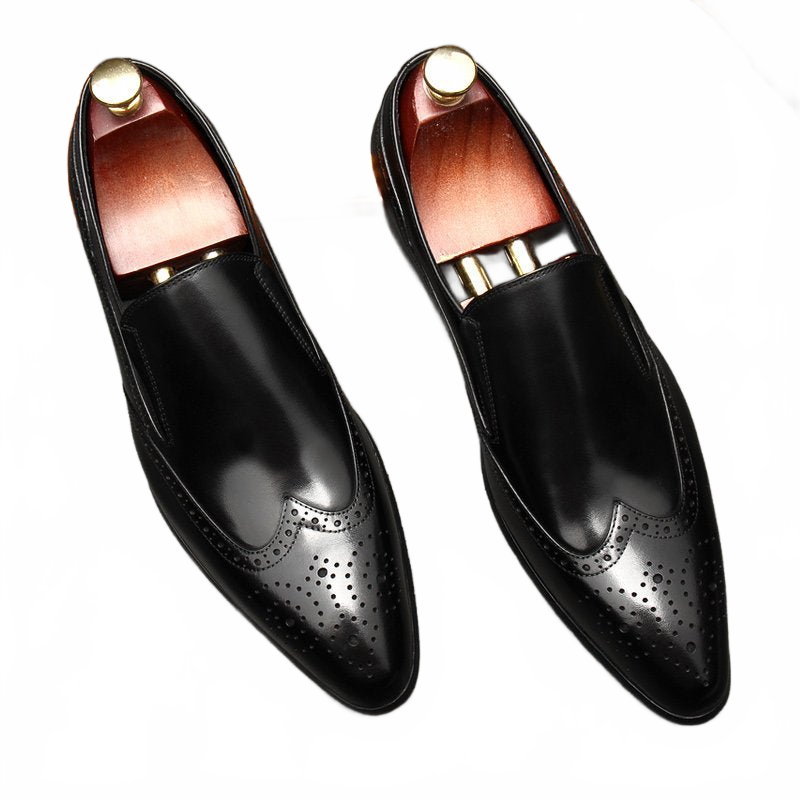 Black Men's Brogue Real Leather Slip-On Dress Shoes for Business and Formal Events