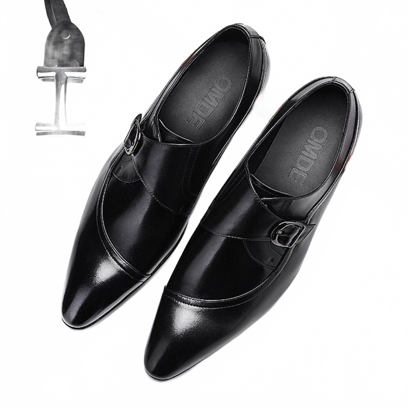 Artisan Black Hand-Painted Real Leather Single Monk Strap Shoes for Business