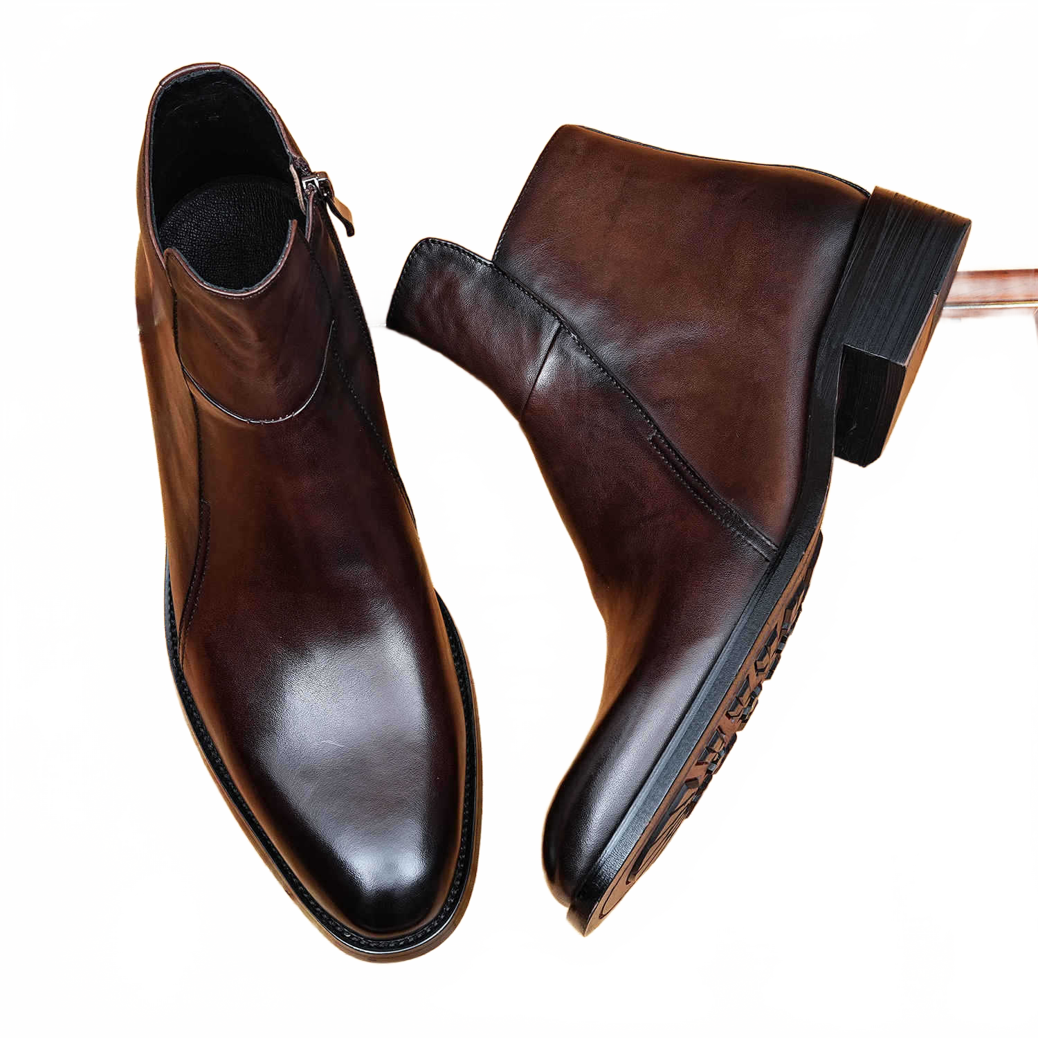 Deep Espresso Brown Leather Side-Zip Naked Boots for Executive Business Formal