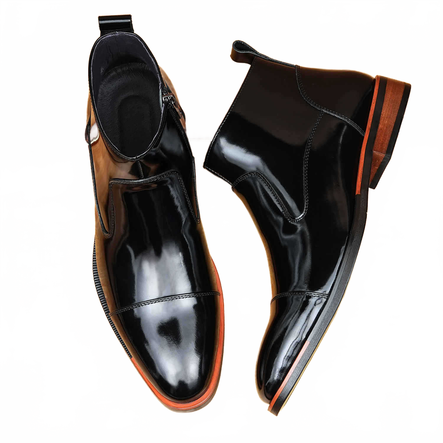Men's Midnight Black Cap Toe Genuine Leather Ankle Dress Boots with Side Zipper