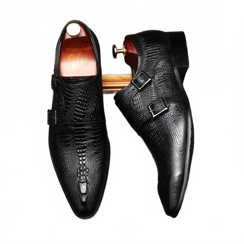 Black Men's Crocodile Pattern Real Leather Double Monk Strap Shoes for Business