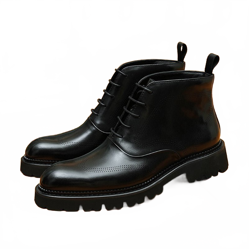 Black Men's Brogue Lace-Up Genuine Leather Ankle Boots with Wingtip Detail