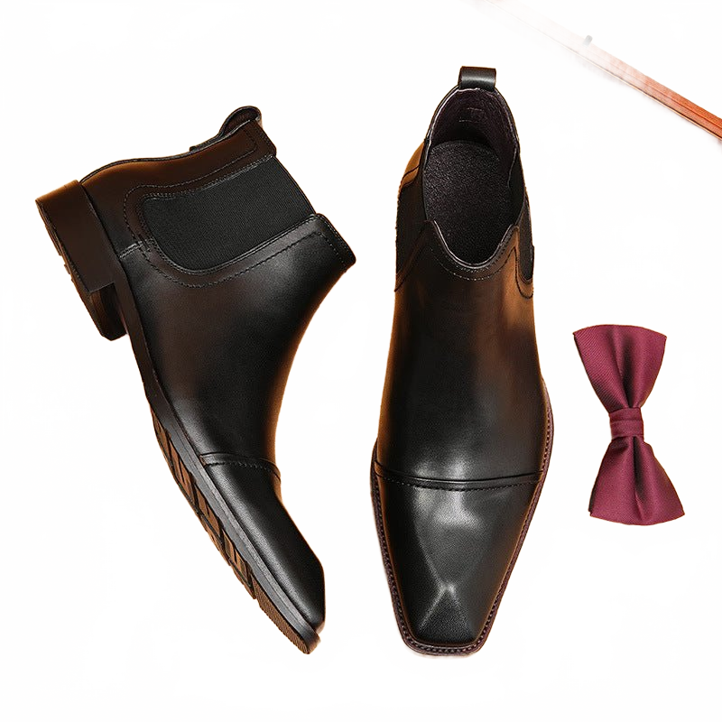 en's Midnight Black Cap Toe Genuine Leather Chelsea Ankle Dress Boots