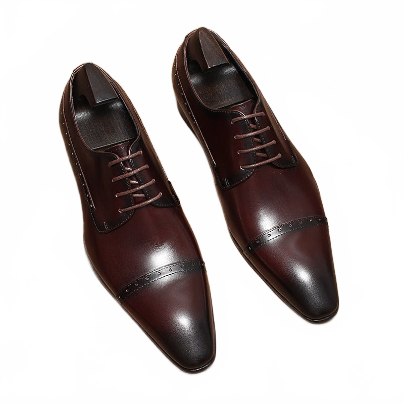 Dark Brown Pointed Toe Cap Leather Derby Shoes for Business and Weddings