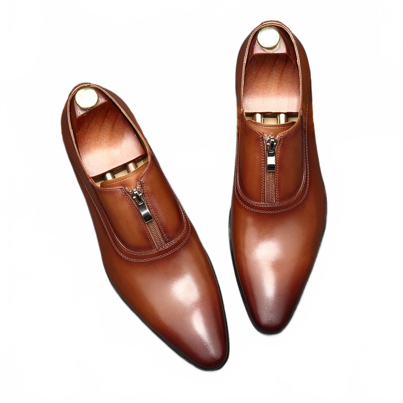 Rich Brown Zipper Genuine Leather Pointed Toe Formal Loafers for Men - Business Casual Style