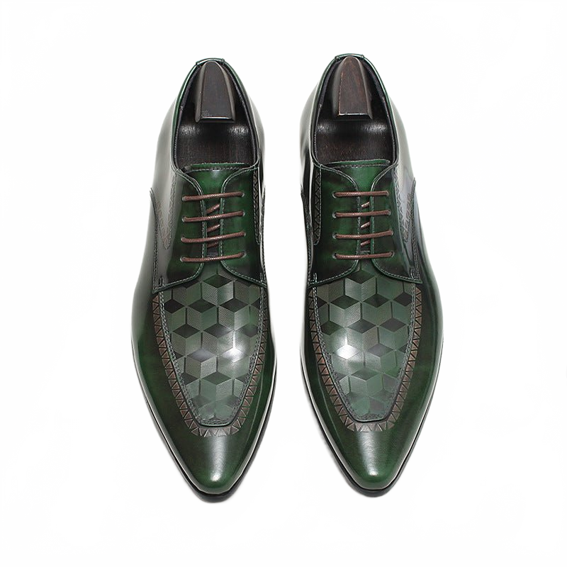 odern Green Checkered Genuine Leather Pointed Toe Derby Shoes
