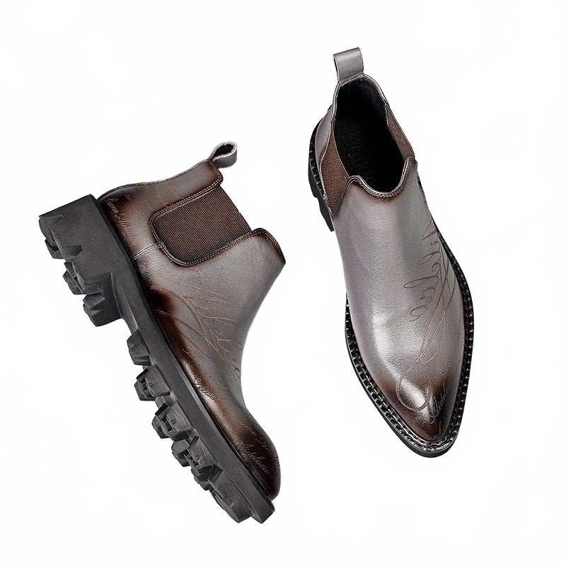 Charcoal Grey Leather Chelsea Boots showing Thick Sole Elevation and Pointed Toe