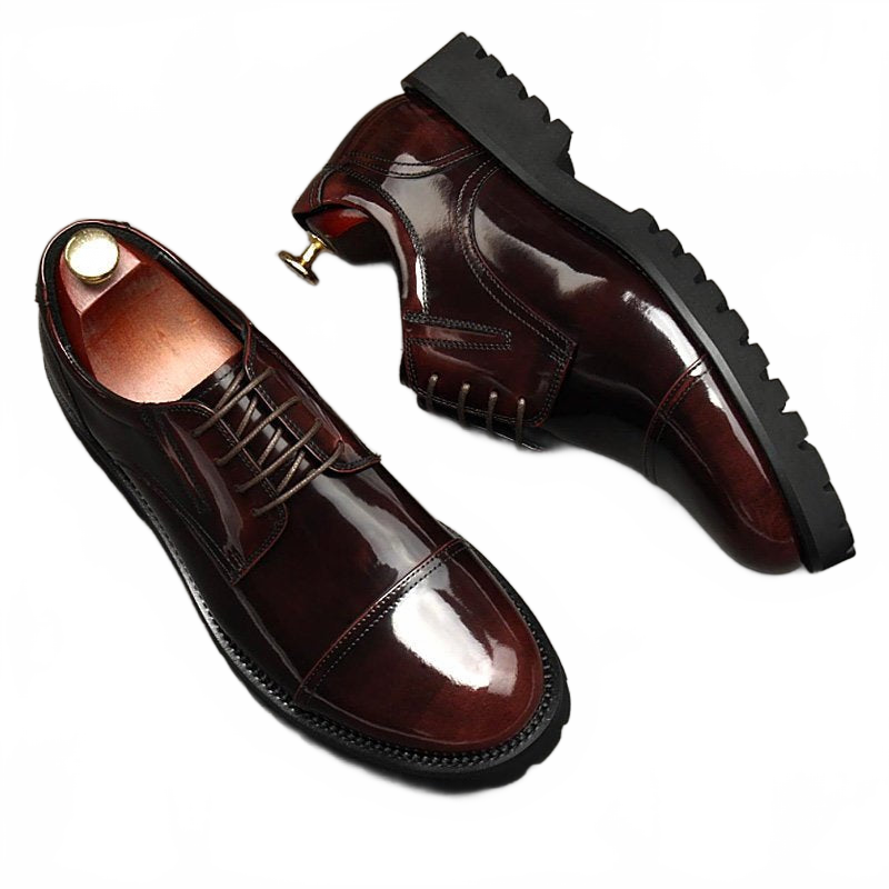 Dark Brown Thick Sole Round Toe Leather Derby Shoes for Business and Weddings