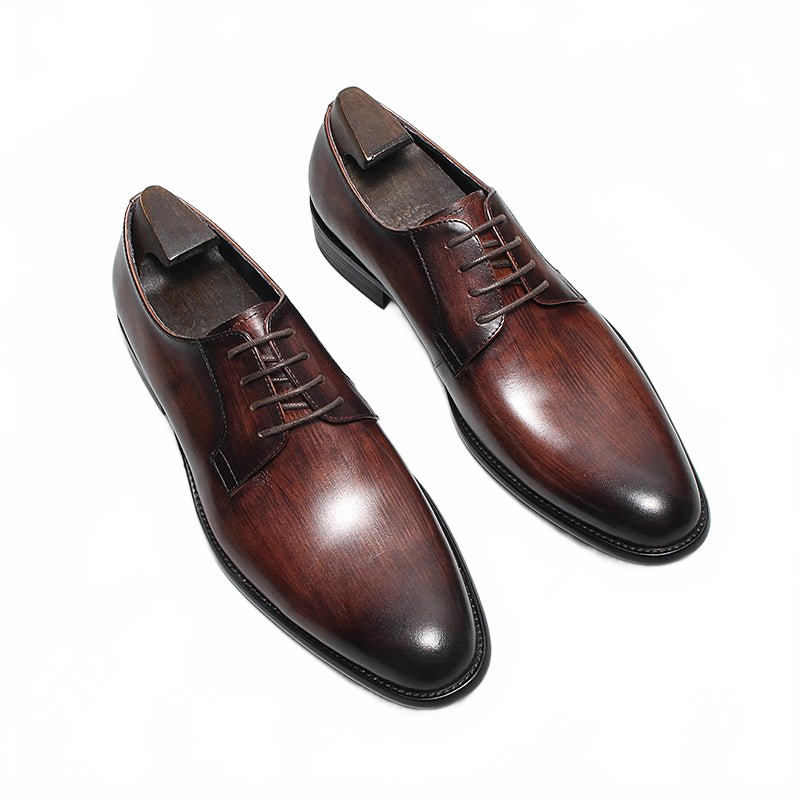 Rich Brown Artisan Patina Leather Derby Shoes for Business