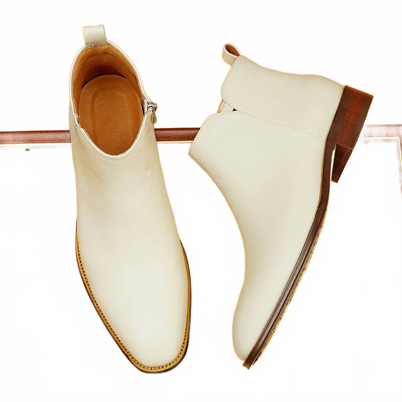 Men's Sand Beige Genuine Leather Side-Zip Ankle Dress Boots with Sleek Profile