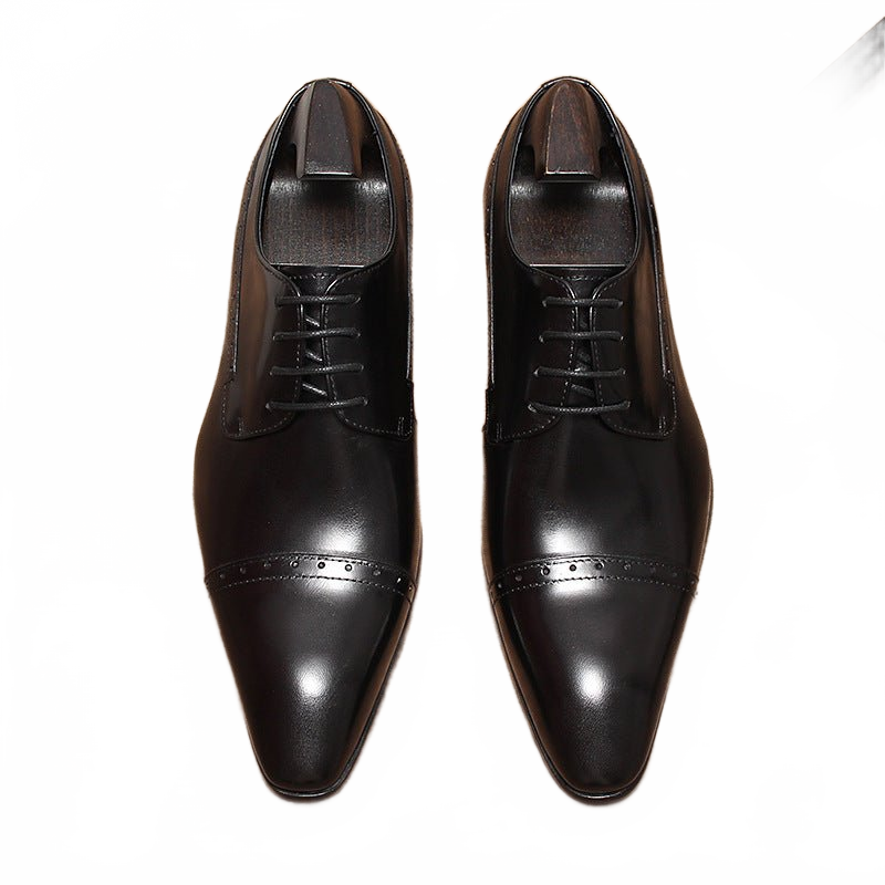 Black Pointed Toe Cap Genuine Leather Derby Dress Shoes for Men