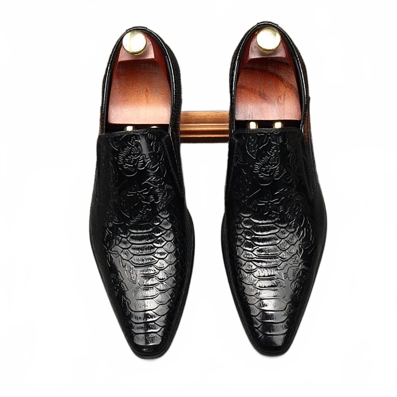 Black Pointed Toe Crocodile Pattern Genuine Leather Formal Loafers for Men