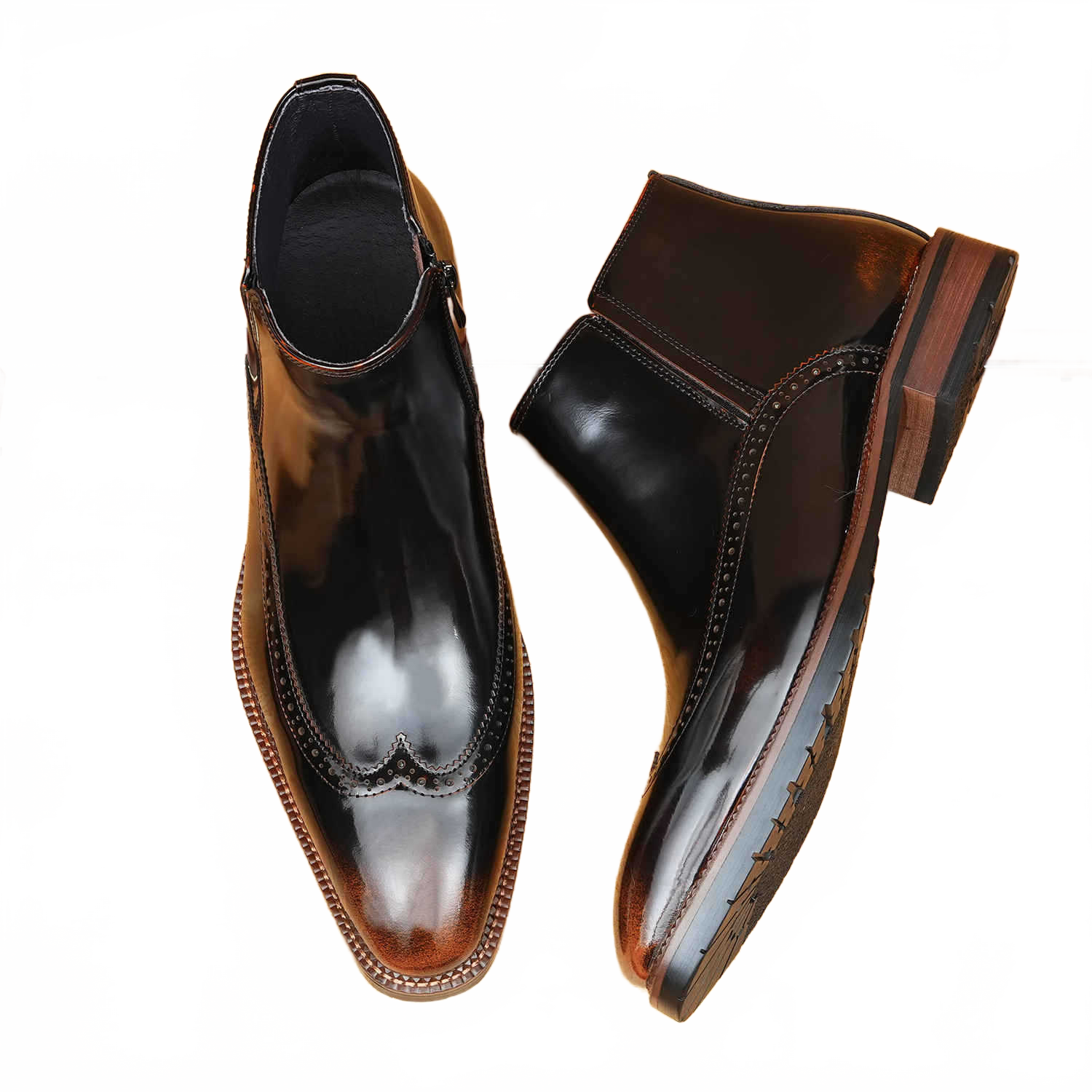 Deep Espresso Brown Leather Side-Zip Dress Boots showing Wingtip Perforations