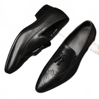 Black Men's Brogue Tassel Real Leather Slip-on Dress Shoes for Business Professionals