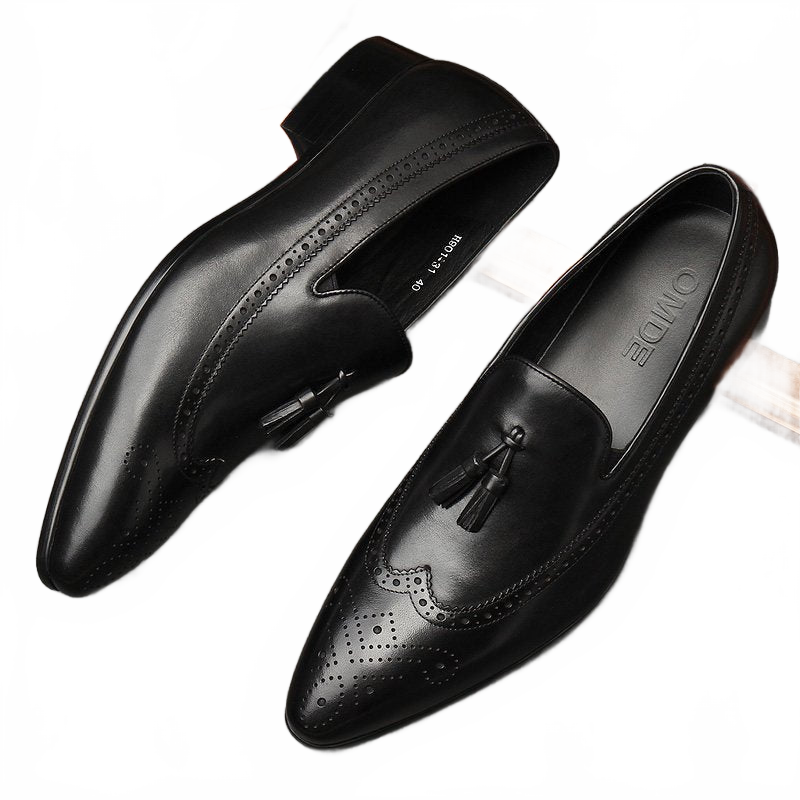 Black Men's Brogue Tassel Real Leather Slip-on Dress Shoes for Business Professionals
