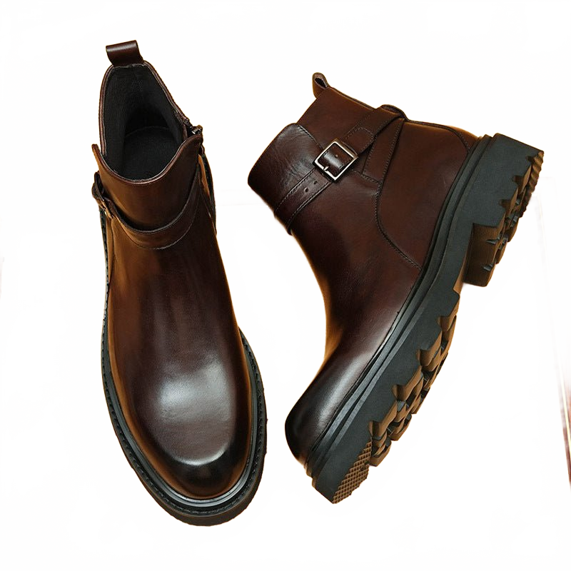 Deep Espresso Brown Leather Ankle Boots showing Buckle Detail and Foam Sole