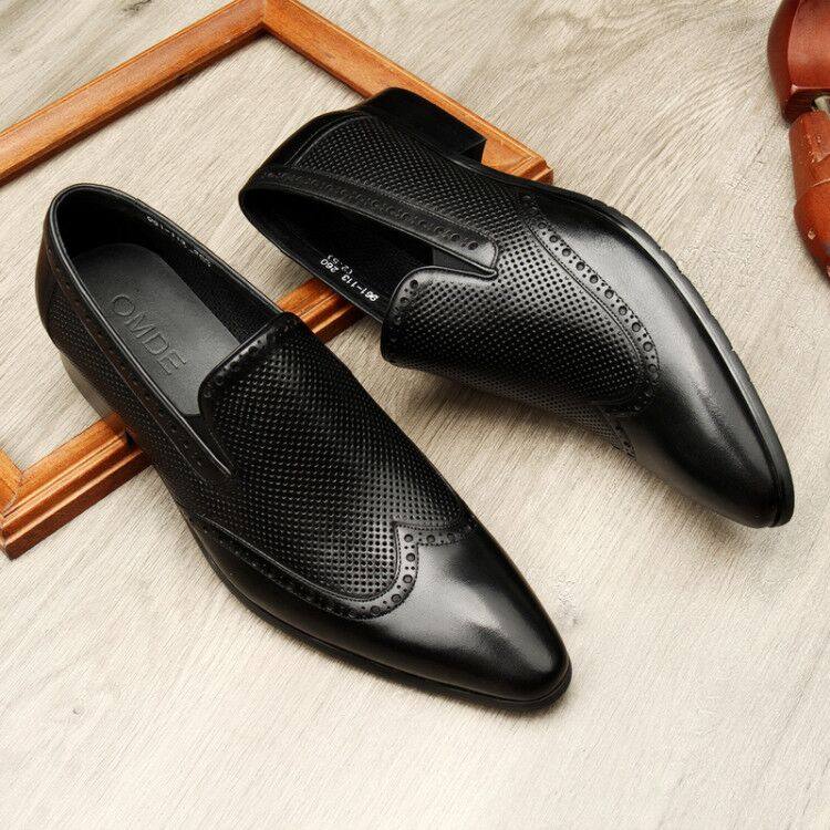 Black Pointed Toe Brogue Genuine Leather Formal Loafers for Men