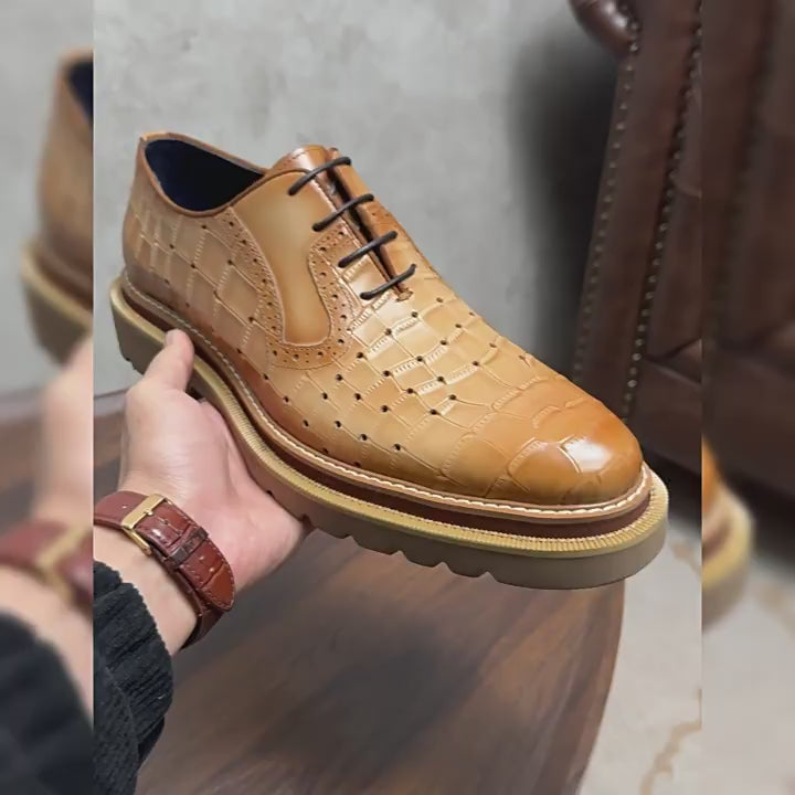 Men's Croc Embossed Leather Chunky Lug Sole Perforated Oxfords
