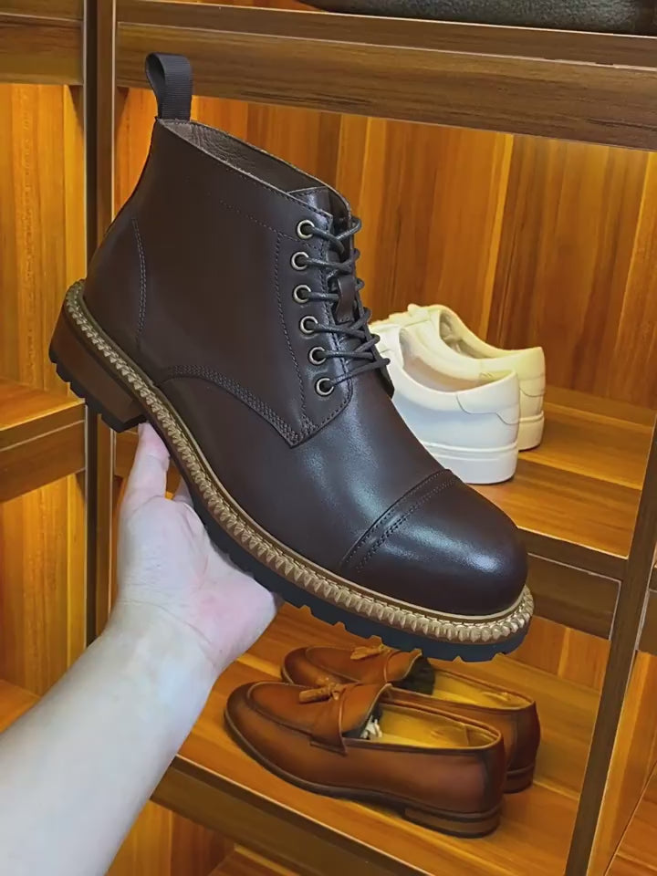 Cap Toe Leather Contrast-Welt Lace-Up Boots for Men
