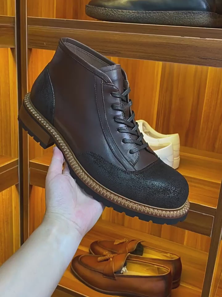 Men's Leather Textured Cap Toe Lug Sole Lace-Up Boots