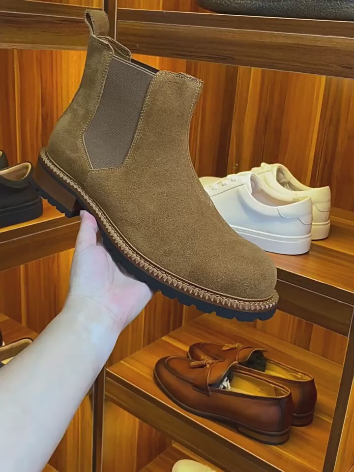 Round Plain Toe Suede Contrast-Welt Chelsea Boots for Men