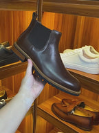 Round Plain Toe Leather Lug Chelsea Boots for Men