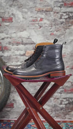 Burnished Leather Wingtip Lace-Up Boots for Men