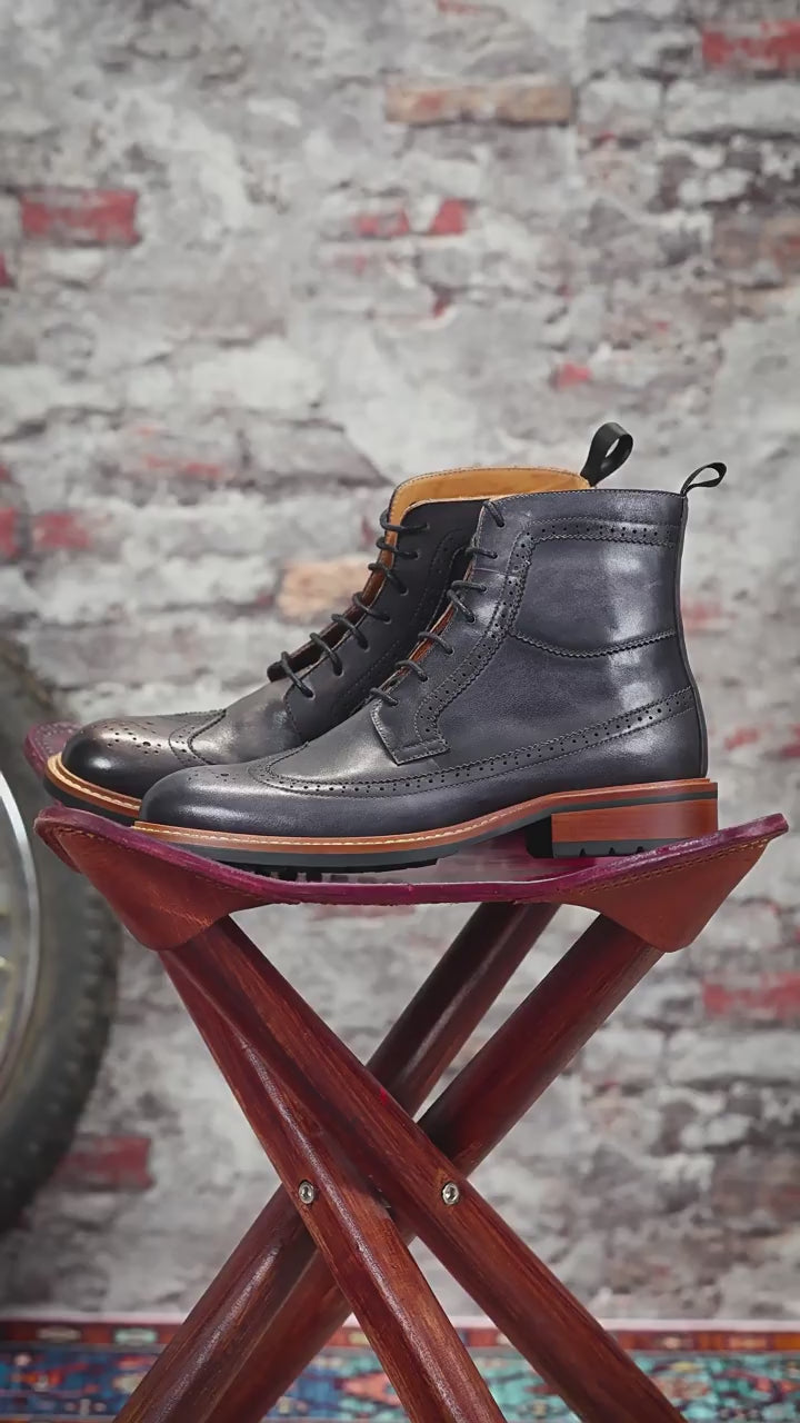 Burnished Leather Wingtip Lace-Up Boots for Men