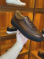 Men's Burnished Leather Black-Sole Low-Top Sneakers
