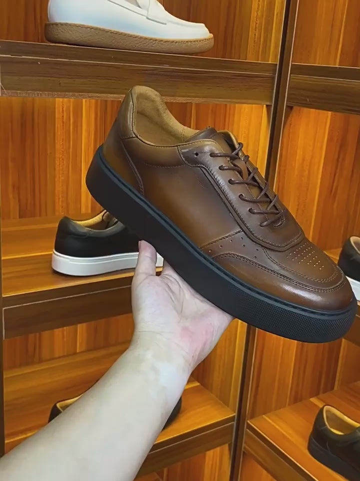 Men's Burnished Leather Black-Sole Low-Top Sneakers